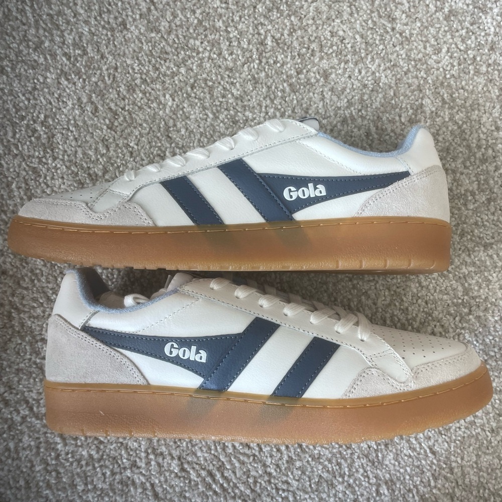 Women’s Gola White Leather Sneakers with Navy Stripes